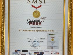 Pertamina EP Ramba Field Terima Penghargaan Sahabat Pers dari SMSI Banyuasin